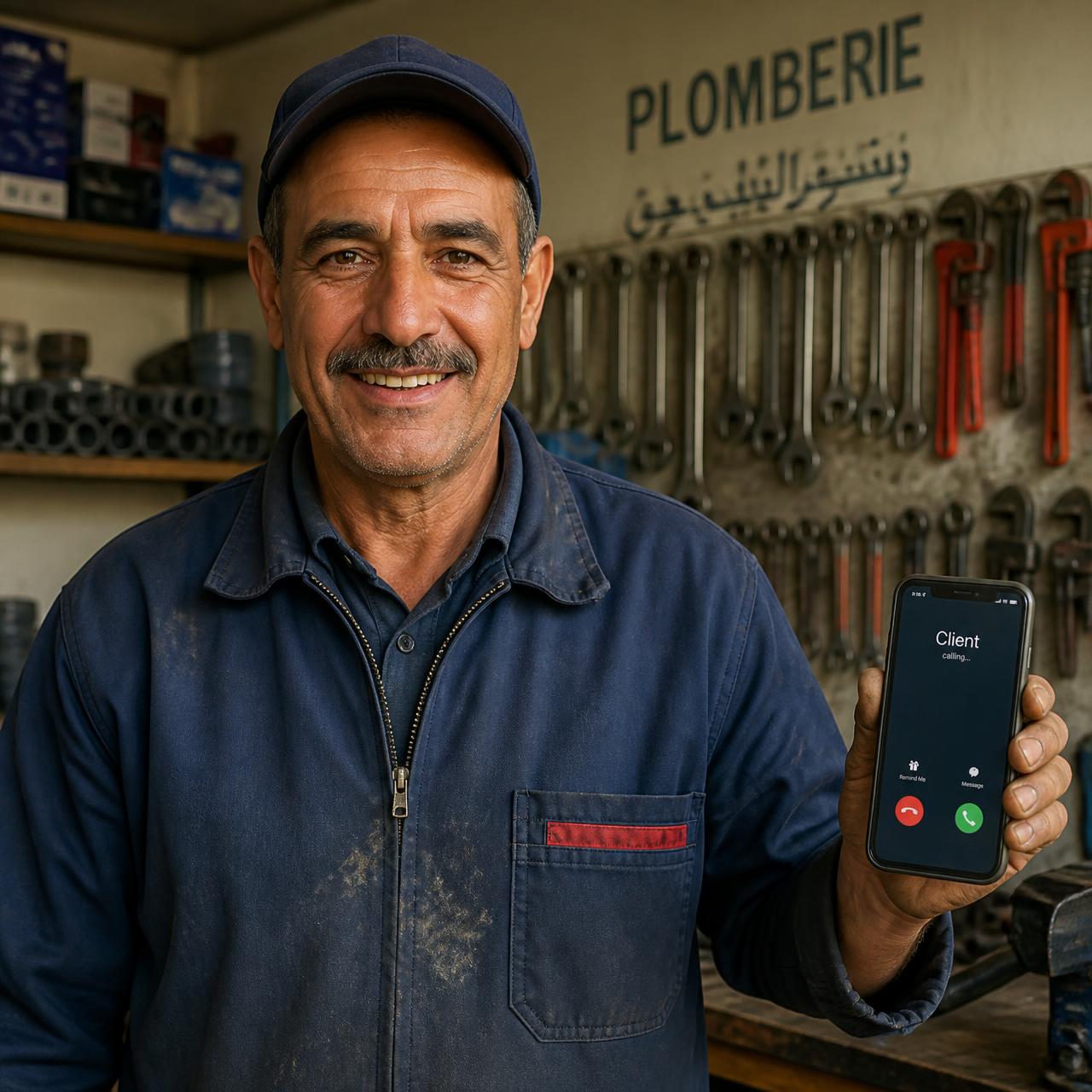 Artisan marocain souriant, téléphone à la main avec un appel entrant